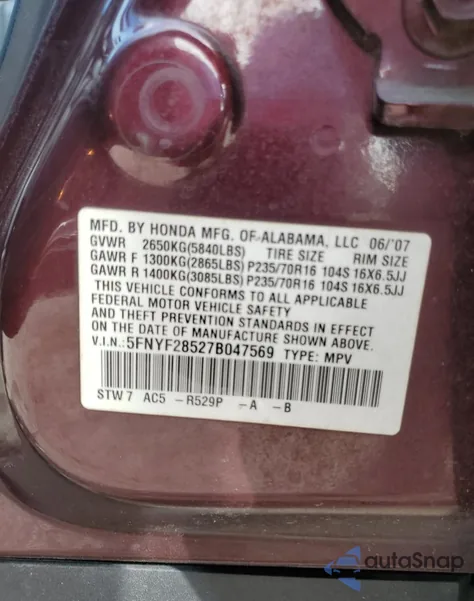 2007 Honda Pilot Exl from USA, damaged, VIN 5FNYF28527B047569